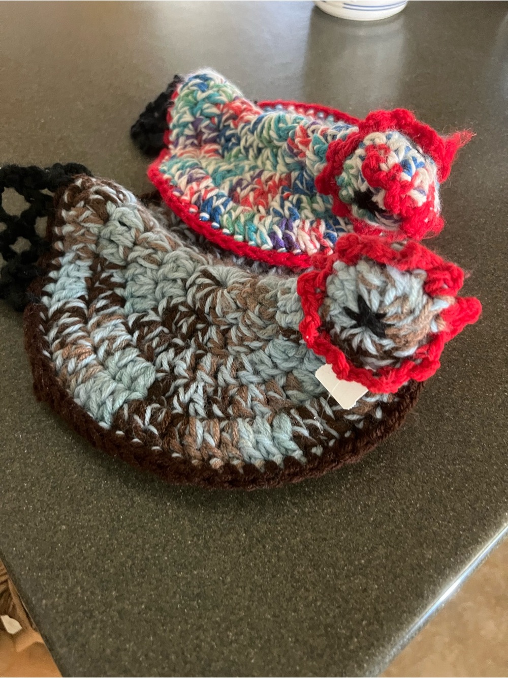 Handmade Multicolor & Brown Crocheted chicken pot holders